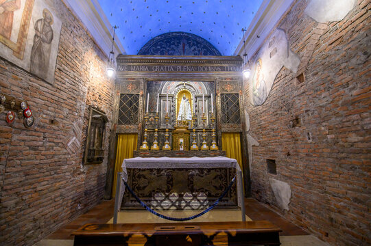 Brescia, Italy - 21.10.2024: Interior of Church of Santa Maria della Carita - Sanctuary of Our Lady of Loreto or Chiesa di Santa Maria della Carita - Santuario della Madonna di Loreto.
