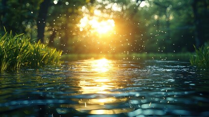 Fototapeta premium Golden Sunset Over Serene Waters with Nature's Glow