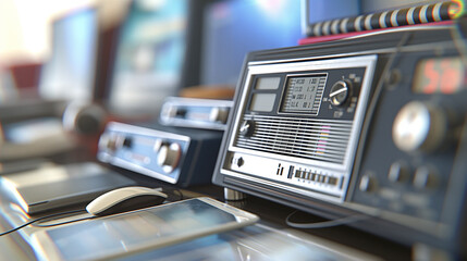 Close-up of vintage radio emitting static noise, contrasting with modern digital devices, symbolizing the shift from traditional to digital media.