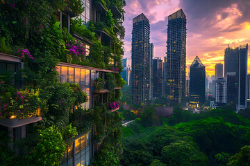 Skyscrapers covered in lush greenery, eco-friendly city concept.