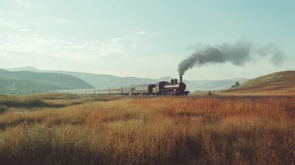 Obraz premium Steam train travels through golden fields under blue skies.