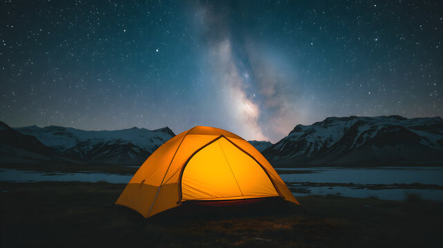  Illuminated tent camping under the milky way. Night sky starry night Milky Way camping