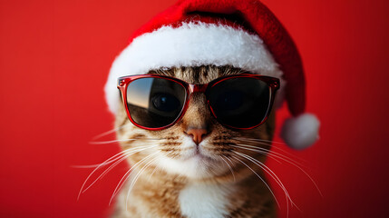Cool Cat in Santa Hat and Sunglasses