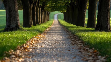 Obraz premium A serene pathway lined with trees, showcasing vibrant green grass and scattered autumn leaves under a clear sky.