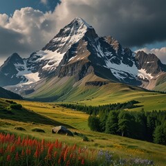 Obraz premium Majestic snow-capped mountain landscape with green meadows and red flowers, perfect for travel or adventure themes.