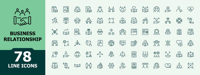 Business Relationship icons set. Icon communication, unity, company, project, team. Outline symbol collection. Minimalist editable vector illustration.