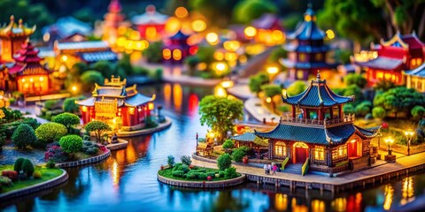 Fototapeta premium Miniature World, Tilt-Shift Photography, Empty Background, Diorama, Small Scale, Fantasy Landscape, Surreal Scene, Tiny World, Macro Photography, Background Blur, Focus Stacking, 