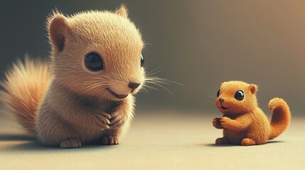 A cute cartoon squirrel looks at a smaller cartoon squirrel.