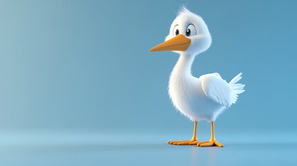Obraz premium Cute cartoon bird with fluffy white feathers on a blue background.