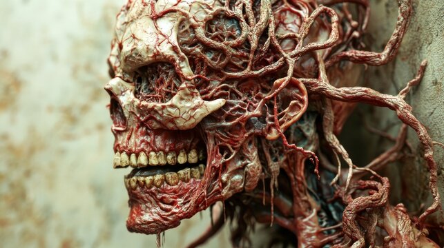 A grotesque, organic skull intertwined with twisted veins evokes a visceral sense of decay and horror. The detailed structure merges flesh and bone in a disturbing vision of mortality.. AI Generation