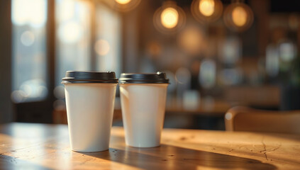 Two paper cups of coffee on wooden table in cafe, closeup