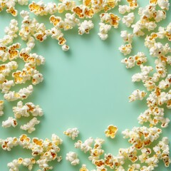Fototapeta premium Popcorn frame on turquoise background.