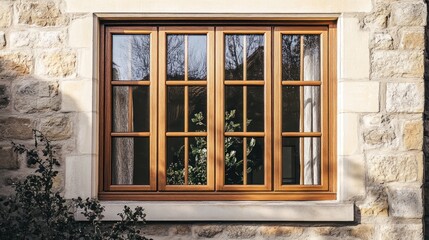 Obraz premium Wooden window with four panes in stone wall.