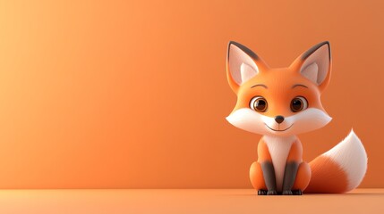 A cute cartoon fox with big eyes sits on an orange background.