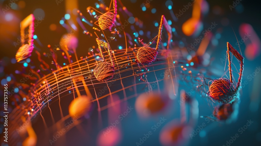 Poster Sewing melodies closeup of threads and notes creating harmony studio digital art vibrant colors eye-level abstract concept