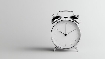 A classic silver alarm clock with a white face on a white background.