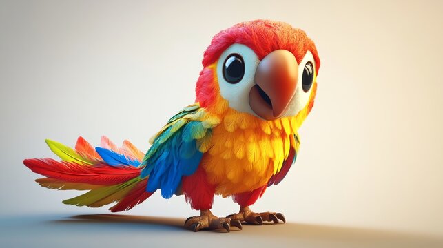A cartoon parrot with colorful feathers and big eyes on a white background.