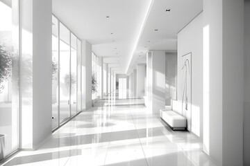 A long, white hallway with a few potted plants and a few pictures on the wall