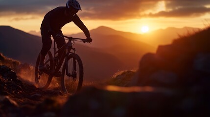 Obraz premium Mountain biker navigates rocky terrain during sunset in a breathtaking landscape