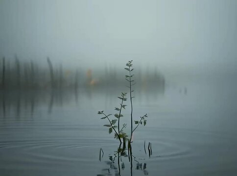 A serene and moody atmospheric photograph of a minimalist aquatic plant reflected on the calm surface of the water, capturing the subtlety of its delicate leaves and stems