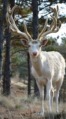 Obraz premium A majestic white deer with perfect antlers, and with beautiful views of the pine forest