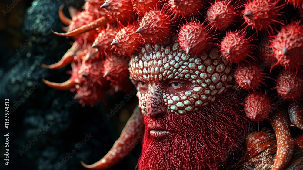 Poster Intricately carved rambutan shell faces artistic display studio setting close-up view unique concept