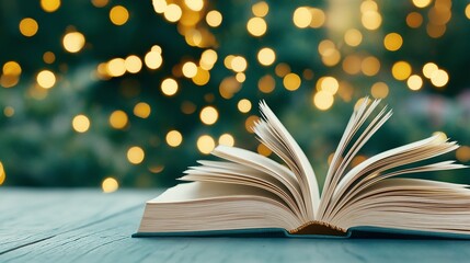 Open Book on a Table Surrounded by Soft Bokeh Lights Capturing the Essence of Reading, Imagination,...