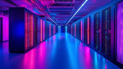 Illuminated server room technology showcase data center digital infrastructure modern environment futuristic viewpoint