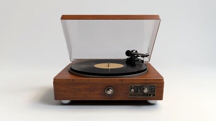 A vintage turntable with a wooden case and a clear lid, isolated on a white background.