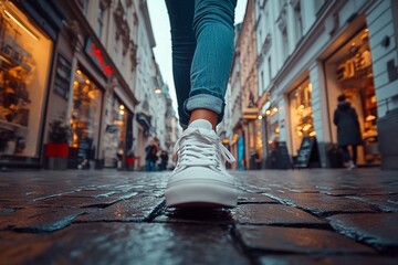close-up of legs in lace-up shoes. and space for text
