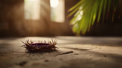 A Serene Representation of a Crown of Thorns on a Rustic Surface with Natural Light and Lush Greenery in the Background, Symbolizing Sacrifice and Redemption