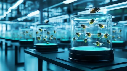 Naklejka premium Flying insects in glass containers, scientific setting.
