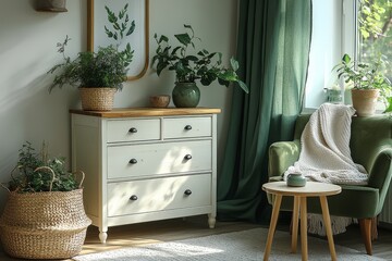 White chest of drawers with wooden top, green curtains, olive chair, and potted plants in a Scandinavian-style corner.