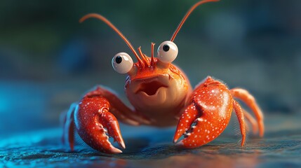 A cartoon crab with big eyes and a surprised expression.