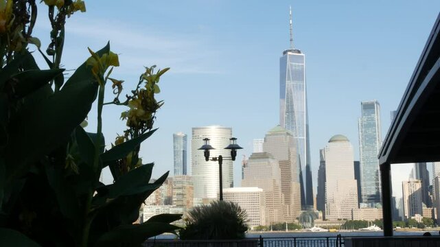 New York City waterfront skyline, Manhattan Downtown Financial district, World Trade Center building, riverfront skyscrapers. From Paulus Hook, New Jersey. United States architecture. Hudson river.