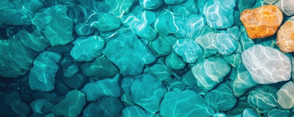 Fototapeta premium A serene view of smooth stones submerged in clear turquoise water, showcasing the beauty of nature and aquatic textures.