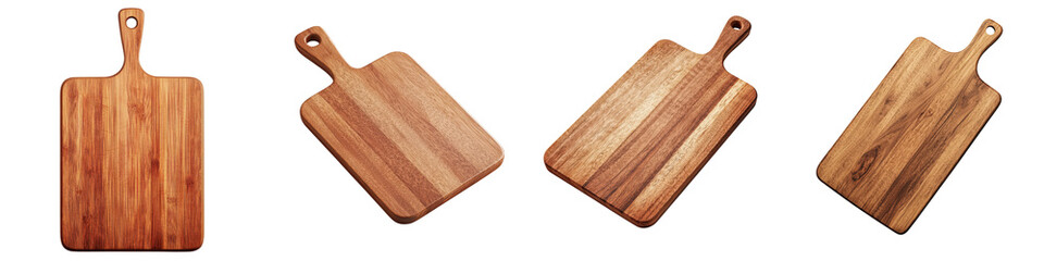 Fototapeta premium Assortment of various shapes and sizes of rustic natural wooden cutting boards arranged on a table or counter ready for meal and cooking in a warm cozy kitchen setting