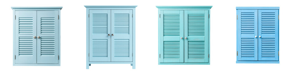 Antique wooden storage cabinets with louvered doors in a range of teal  green  and blue shades ...