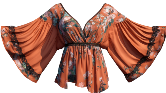 Stylish floral blouse with wide sleeves displayed on a transparent background for online fashion marketing.