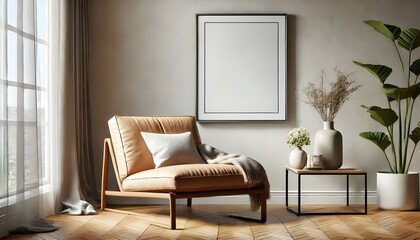 Fototapeta premium Modern Living Room Interior with Brown Leather Sofa and Floor Lamp