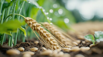 Wheat sustainability idea. Close-up of golden wheat grains glistening with dew in a lush green environment.