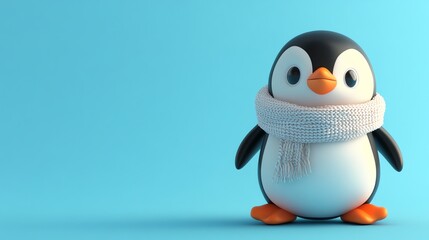 A cute cartoon penguin wearing a white scarf stands on a light blue background.
