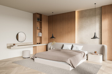 Minimalist bedroom with beige tones, wooden accents, and modern decor. 3D Rendering