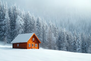 A cozy wooden cabin nestled in a snowy forest