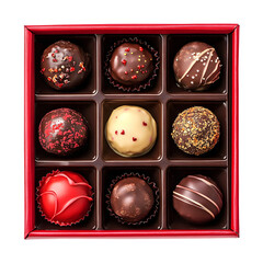 Top view of chocolate truffles valentine's in a red box on transparent background, Valentine's day desserts