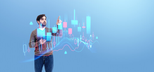 Man analyzing financial data with tablet and virtual forex chart