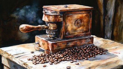 Vintage coffee machine, artistic watercolor painting of an antique coffee maker with coffee beans scattered on a rustic wooden table, steam rising.