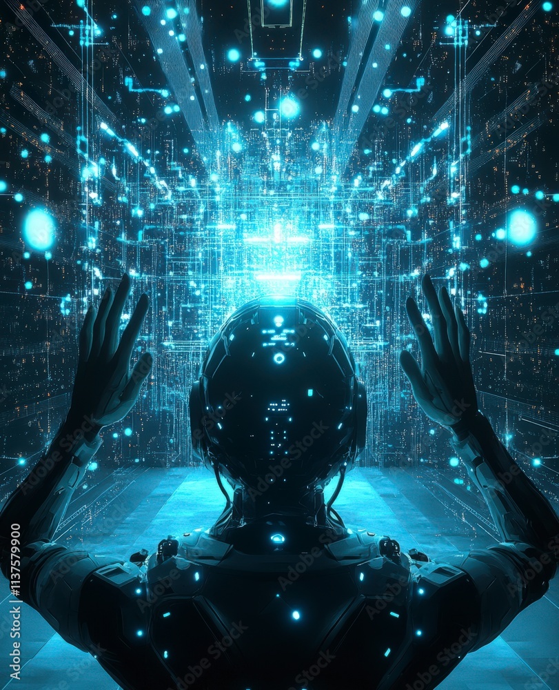Poster Futuristic robot interaction virtual lab digital art high-tech environment close-up perspective cybernetic exploration