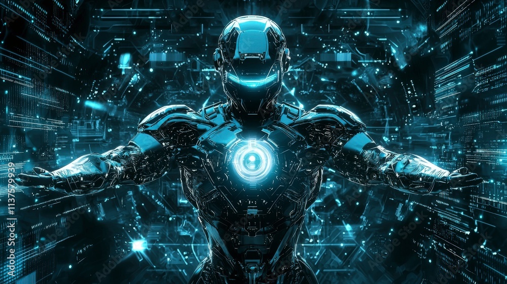 Poster futuristic robot with outstretched arms digital art sci-fi environment cybernetic concept high-tech 