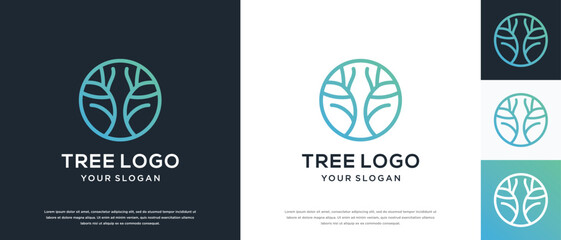 Tree growth logo design. Nature tree logo template made with lines and circles.
